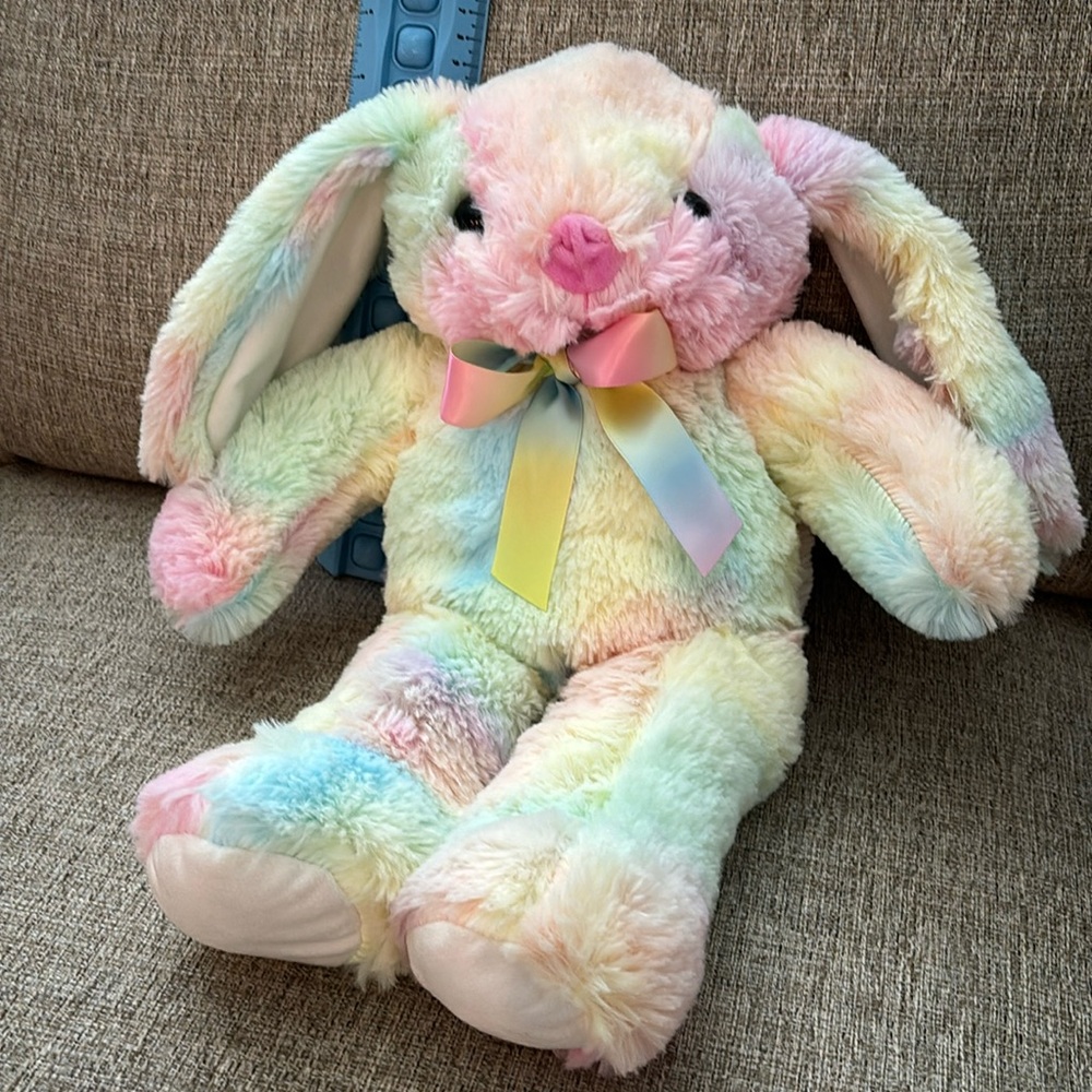 Plush Stuffed Rabbit. Rainbow Pastel.Black Eyes/ Pink Nose. By Goffa 5x9x18